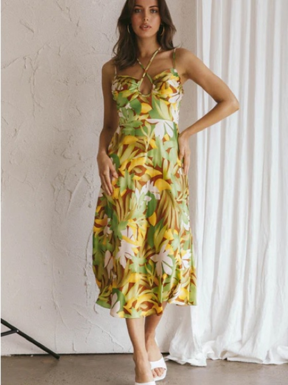 Here Comes The Sun Floral Satin Midi Wedding Guest Dress